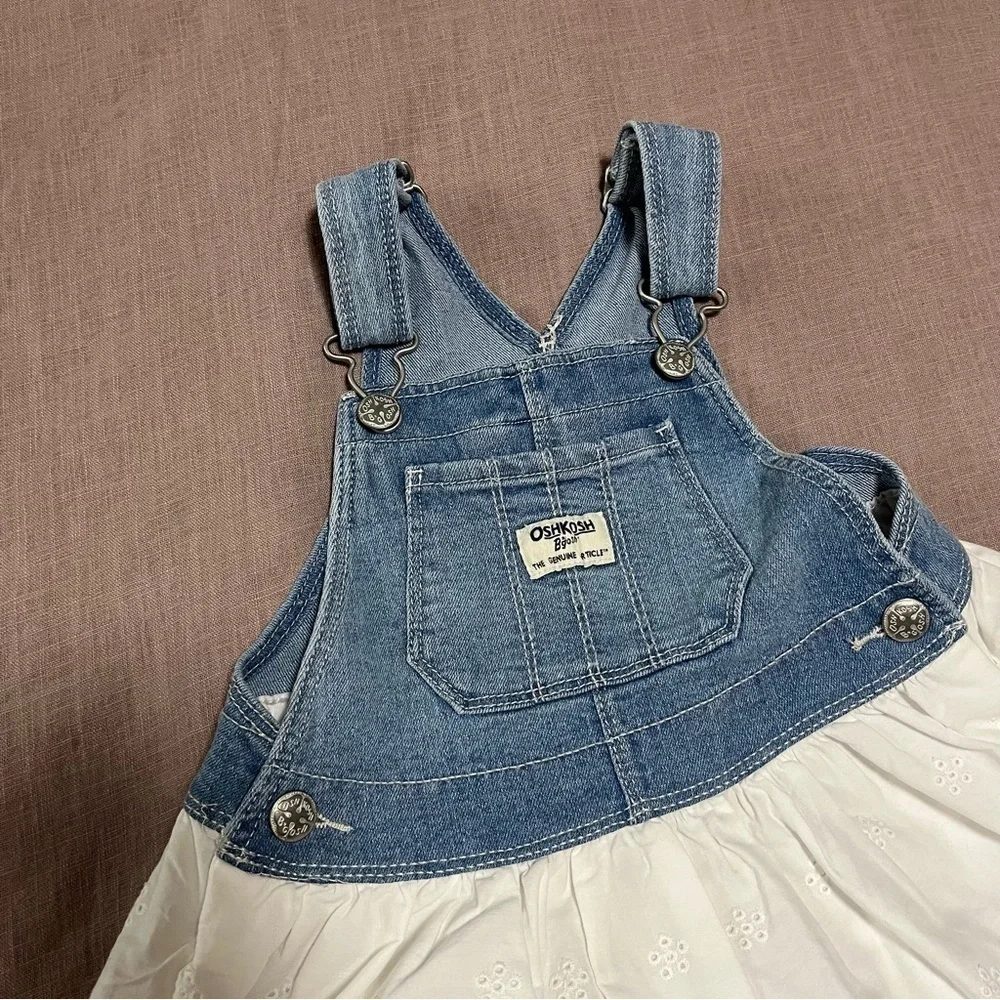 OshKosh B'gosh Two Matching Blue White Eyelet Dresses Size 3T Twins Sisters